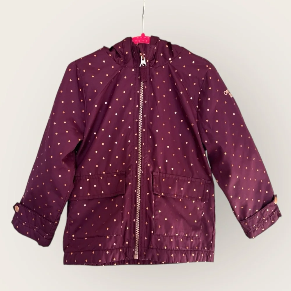 OshKosh Fleece Lined Rain Jacket Coat 4T Plum Polka Dot Hooded